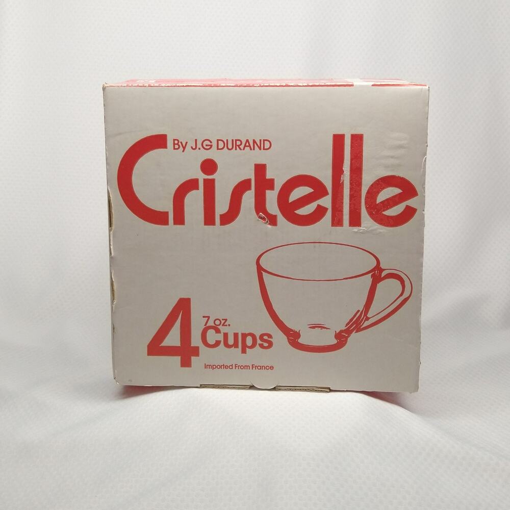 Arcoroc J.G. Durand Cristelle Clear Glass Tea Cups Set 4 New In Box 1980s